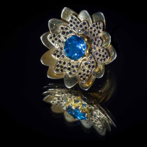 Sacred Lotus Blue Topaz & Onyx ring